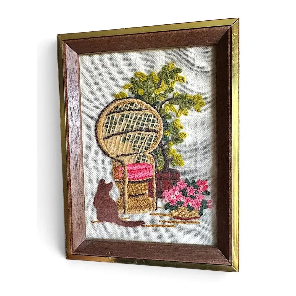 Vintage Hand-Embroidered Framed Needlework – Wicker Peacock Chair with Cat